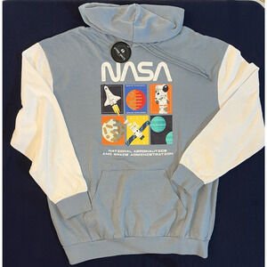 NWT NASA Hyper Space Astronaut Logo LARGE Blue &White Pullover Hoodie Sweatshirt